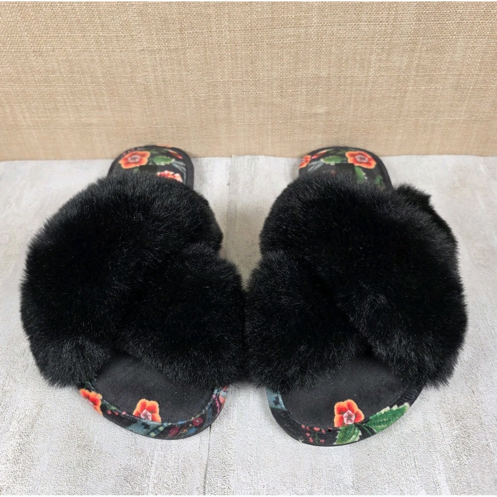 Johnny Was Ardell X Slipper Black Faux Fur Floral Print Slides Womens 8M Boho